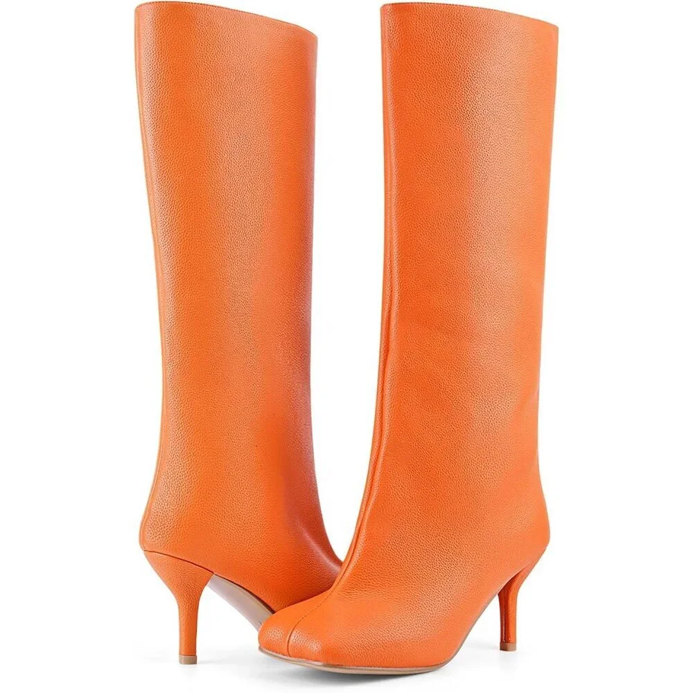 Women's Orange Lychee Wide Calf Square Toe Stiletto Heels Knee High Suede Boots